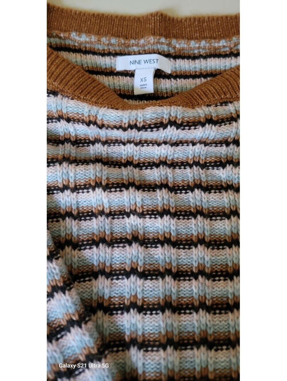 Nine West Womens XS Textured Stripe Knit Sweater Brown Blue Black Crewneck